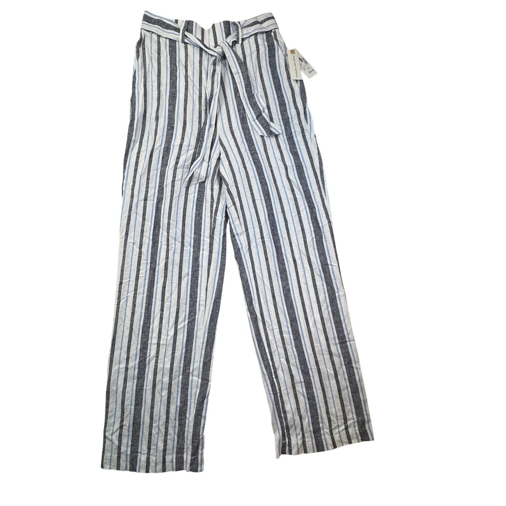 Land 'n Sea Navy Blue Striped Linen Blend Wide Leg Pants S Boho Coastal cowgirl